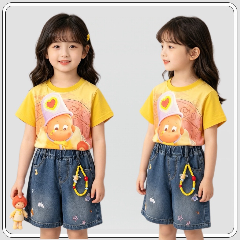MC294 ชุดเซ็ตเด็กผู้หญิง เสื้อยืดสีเหลือง + กางเกงยีนส์ขาสั้น