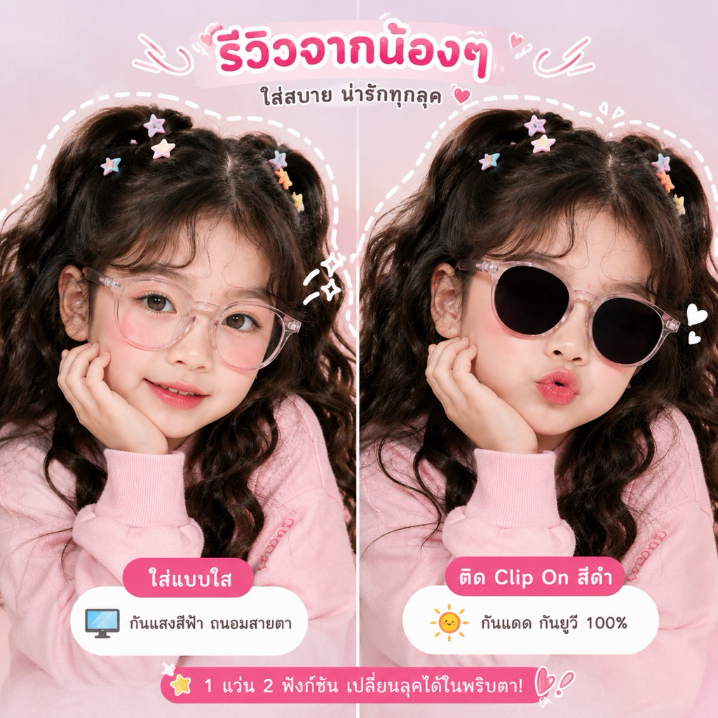 แว่นกันแสงสีฟ้าเด็กแบบมีคลิปกันแดด clip on bluelight sunglass 2in1 แถมกล่อง(Random)  (SUN119)