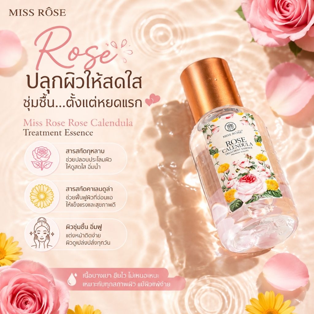 น้ำตบมิสโรเซ่ miss rosee โรสคาเลนดูล่า​ แท้100% ใช้สำหรับผิวหน้ารอบดวงตา​และผิวตัว