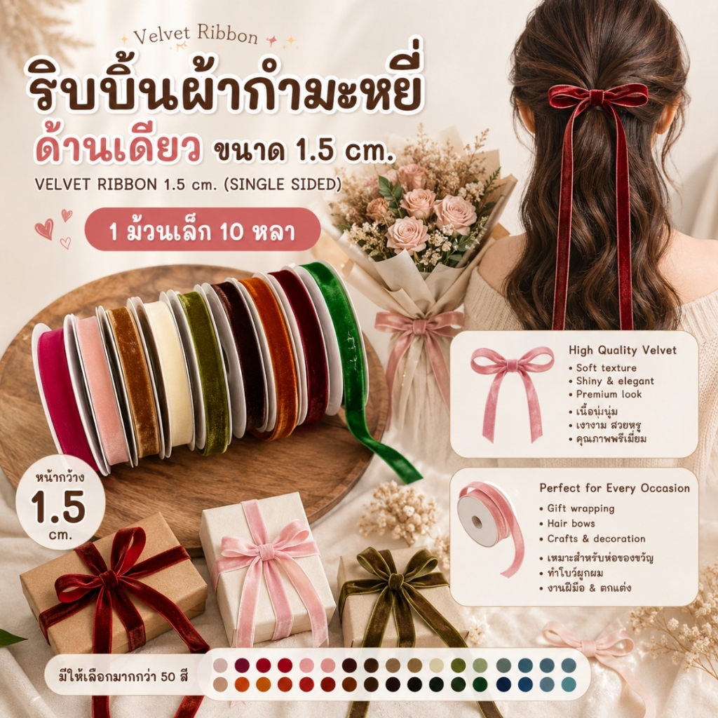1 ม้วนเล็ก【10 หลา】* ขนาด 1.5 cm. ริบบิ้นผ้ากำมะหยี่ด้านเดียว ผูกของขวัญวันเกิด งานตกแต่งต่างๆ [RBR-0079-15mm-10Y]