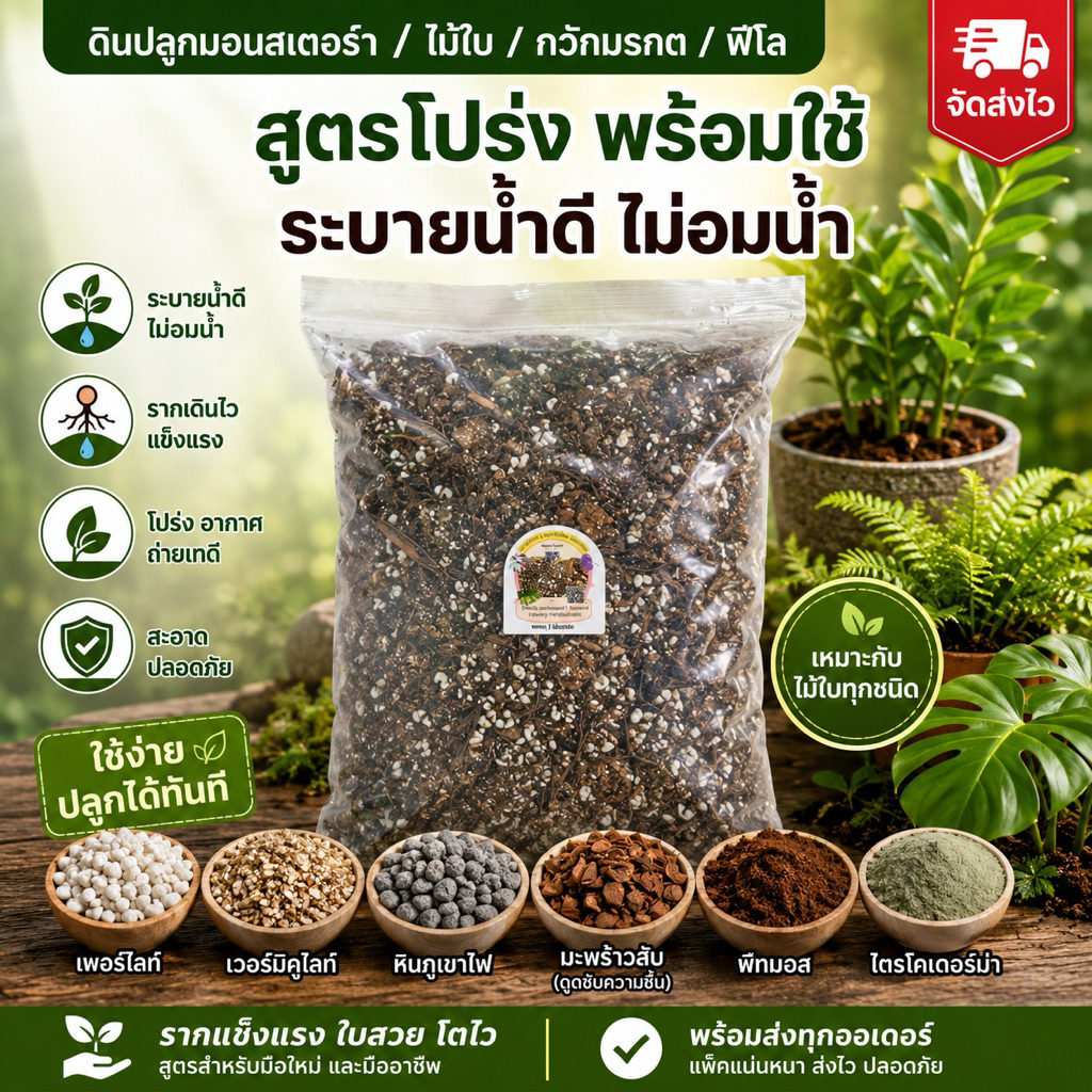 ดินปลูกไม้ใบ สูตรโปร่งพิเศษ ผสมไตรโคเดอร์ม่า ระบายน้ำดี กันรากเน่า สำหรับ มอนสเตอร่า กวักมรกต ซานาดู ไม้ใบฟอกอากาศ