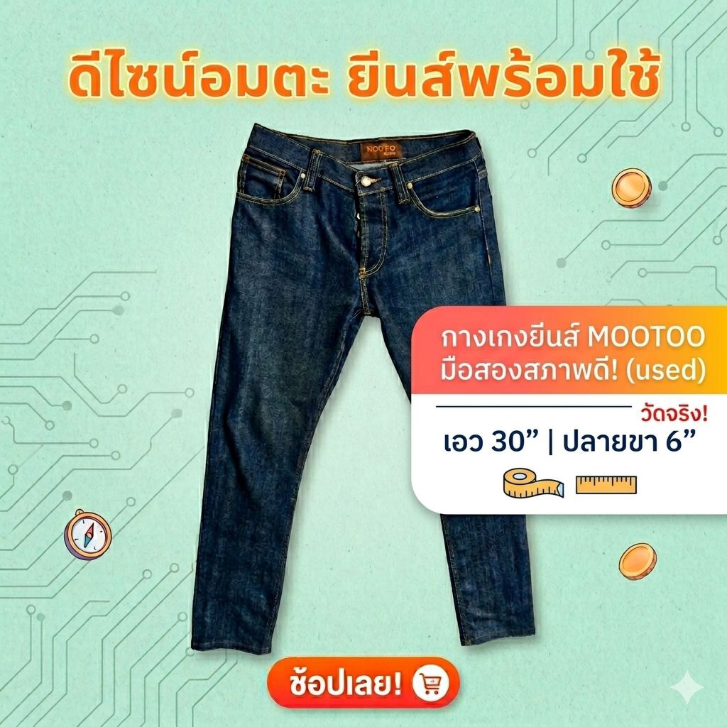กางเกงยีนส์ MOOTOO มือสองสภาพดี เอว30 ปลายขา6"