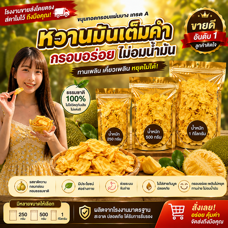 [ส่งตรงจากโรงงาน] ขนุนทอดกรอบแผ่นบาง เกรด A ไม่อมน้ำมัน 100% กรอบสนั่น หวานมันเต็มคำ (250g/500g/1kg)