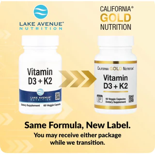 D3 K2 California Gold Nutrition, วิตามิน D3 + K2 บรรจุแคปซูลผัก 60 แคปซูล ของแท้นำเข้าจากอเมริกา