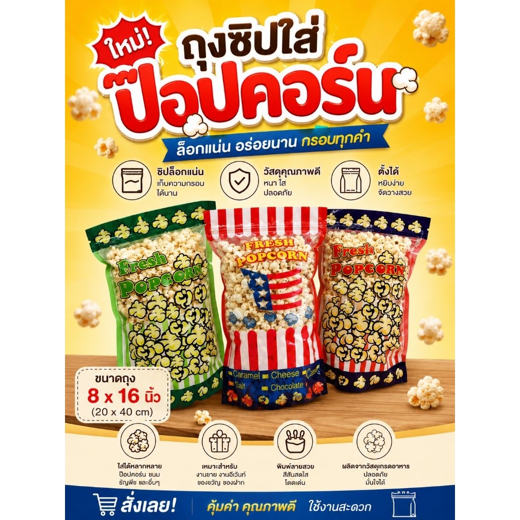 ถุงซิปใส่ป๊อปคอร์น ขนาด 8 x11 นิ้ว. จำนวน 50 ใบ