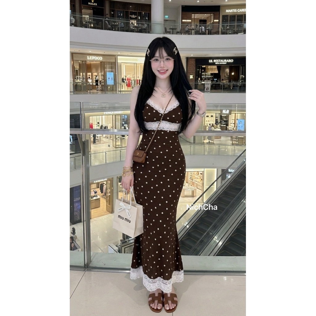 Dress Polkadot สีน้ำตาลแกลมๆๆ🤎🤍 ผ้านำเข้าทั้งชุด ทรงสวยทรงเป๊ะ มีซับ สายปรับได้ สีน้ำตาลคุมโทน