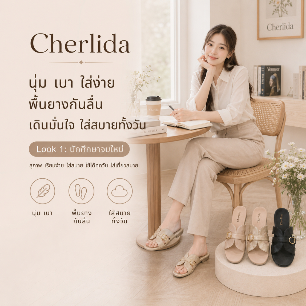 Cherida รองเท้าแตะผู้หญิง มินิมอลเกาหลี แบบสวมหน้าทรงผีเสื้อ สุภาพ สุดหรู น้ำหนักเบา กันลื่น ใส่เที่ยว ใส่ทำงาน สบายเท้า