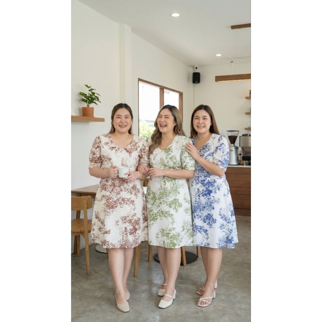 เดรสสาวอวบลายดีออร์ปกลูกไม้อก38-56