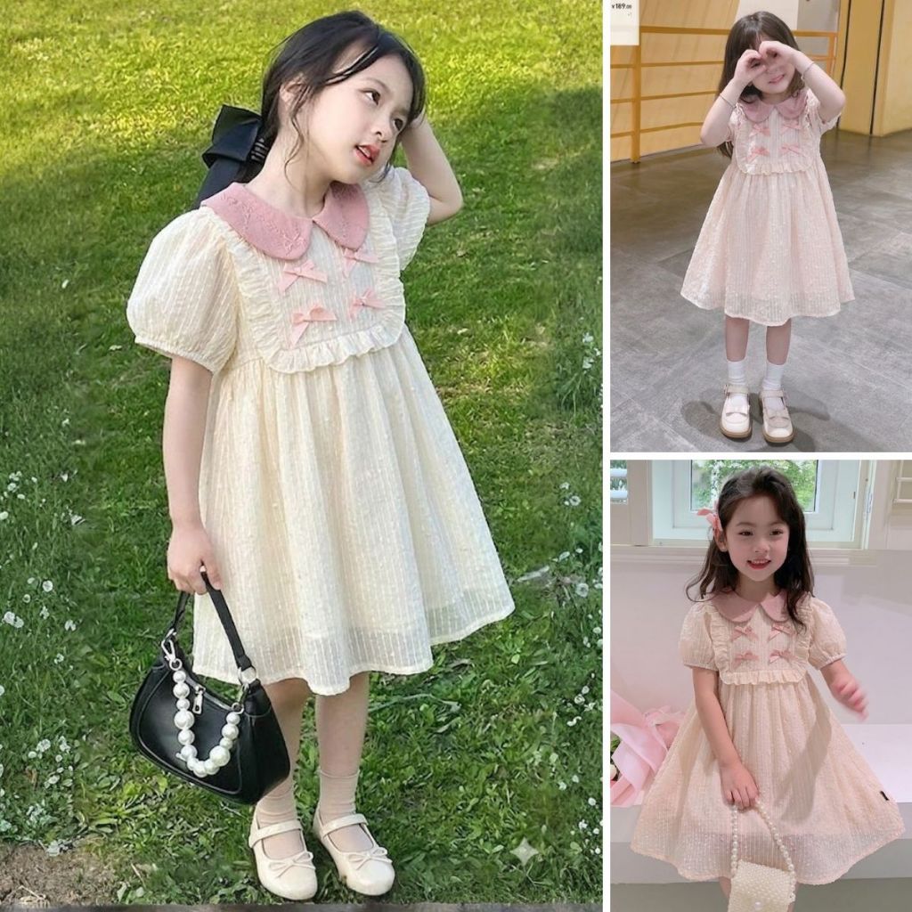 Hanababywear พร้อมส่ง เดรสเจ้าหญิงน้อย โบว์ชมพูหวานละมุน K4125504