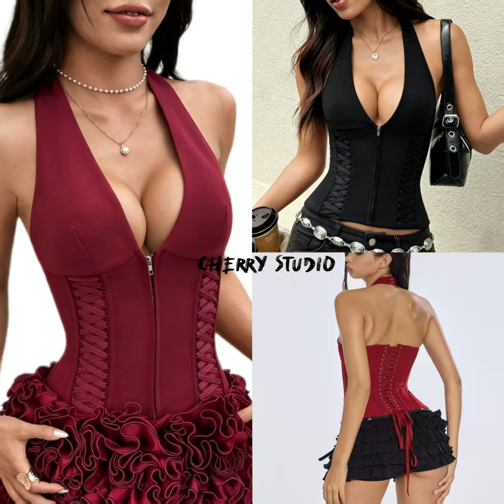 Cherry👠 พร้อมส่ง💋คอลเลกชันเดียวกับดาราเสื้อกล้ามสายคล้องคอ🖤 สไตล์ฝรั่งเศสกระดูกปลาดีไซน์รัดเอวมีซิปสายรัดหลังสาวแซ่บ