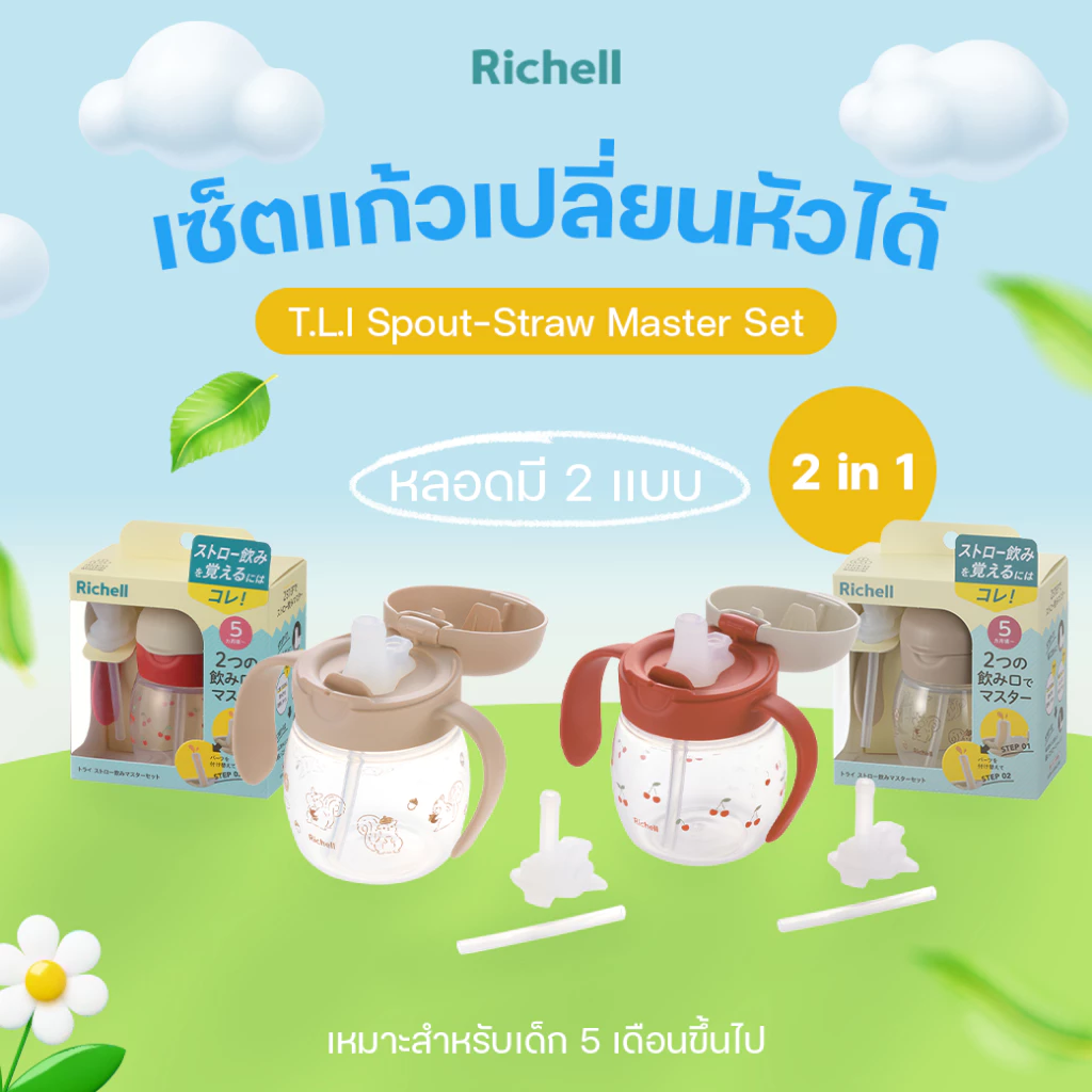 Richell(ริเชลล์) T.L.I Spout-Straw Master Set เซ็ตแก้วเปลี่ยนหัวได้ 2 สเต็ป ใช้ได้ตั้งแต่5เดือน นอนดูดได้/นั่งดื่มได้