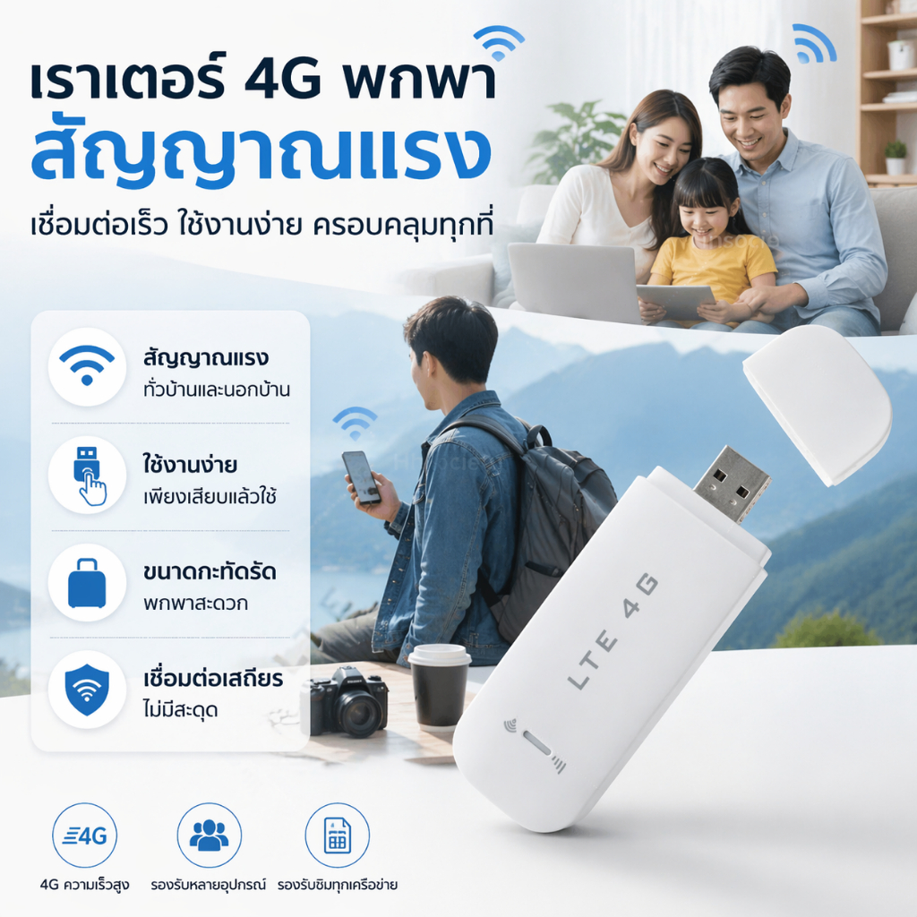 Pocket WiFi 4G LTE 150Mbps เราเตอร์ USB พกพา ใส่ซิมใช้งานได้ทันที สัญญาณแรง รองรับหลายอุปกรณ์ โมบายไ