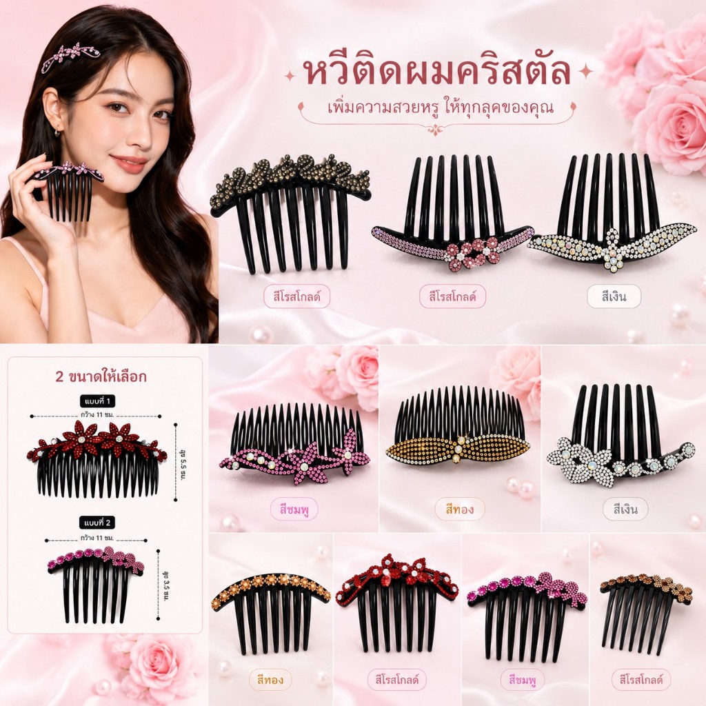 หวีสับติดผมหรูหราสไตล์คุณหนู ประดับเพชรเล่นแสงสวยสะกดทุกสายตา เพิ่มเสน่ห์ให้ทรงผมทันที