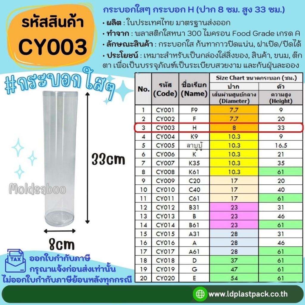 (10ใบ,20ใบ) [CY003] กระบอกใสๆ กระบอก H ปาก 8 cm สูง 33cm กระบอกพลาสติกใส กระบอกทรงสูง กระบอก monster