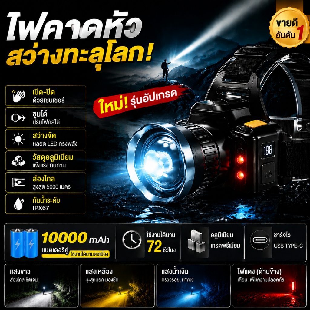ไฟคาดหัว ไฟฉายคาดหัว ไฟฉายคาดหัวLED รุ่นใหม่สว่างมาก ปรับแสงได้ 4 สี ผ่านทะลุสูง จอแสดงผลแบตเตอรี่