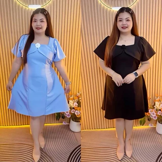 S222เดรสคอเหลี่ยมแต่งกุหลาบ ด้านหลังดึงยางสม็อกมีโบว์ผูกเอว 3ไซส์ L XL 2XL รอบอก40-60 ชุดสาวอวบใส่ออกงาน