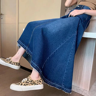 Plus Size~กระโปรงยาว MIDI กระโปรงเอทรง A สูงเอวเดนิม กระโปรงยาวลำลองทรงหลวมแฟชั่นสีน้ำเงินเข้ม กระโปรงสำนักงาน HOT
