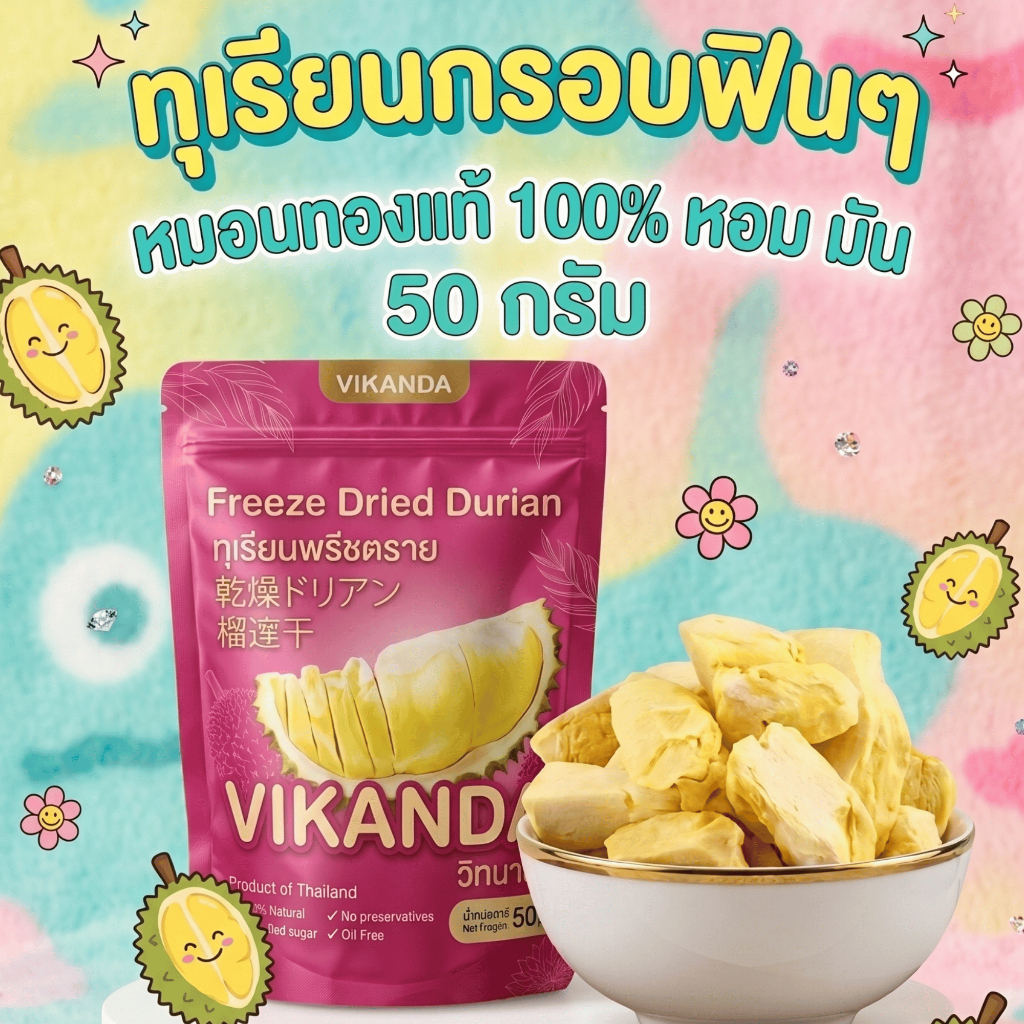 ทุเรียนฟรีสดราย ทุเรียนหมอนทองแท้ 100%  ขนาด50g เนื้อล้วนเกรดพรีเมียม Freeze Dried Durian ไม่ผสมแป้ง