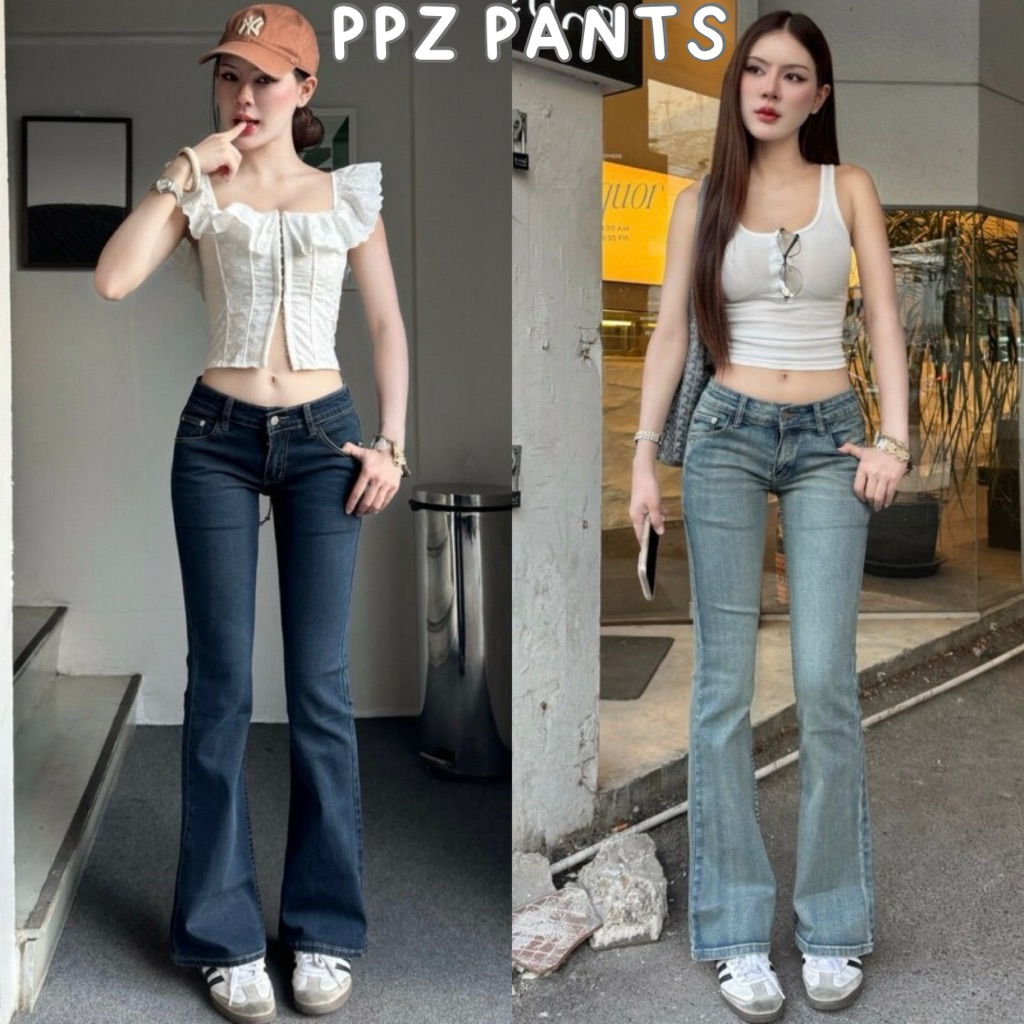 𝗕𝗼𝗼𝘁𝗰𝘂𝘁 𝗟𝗼𝘄 𝗪𝗮𝗶𝘀𝘁 🌷กางเกงยีนส์ขาม้า เอวต่ำ เนื้อผ้ายืด ใส่สบาย กางเกงยีนส์ผู้หญิง