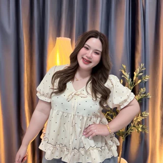 Dottie Blouse (ง64) เสื้อสาวอวบพลัสไซส์ ผ้าพริ้วลายจุด คอผูกโบว์ พรางหุ่น อก38-54 นิ้ว