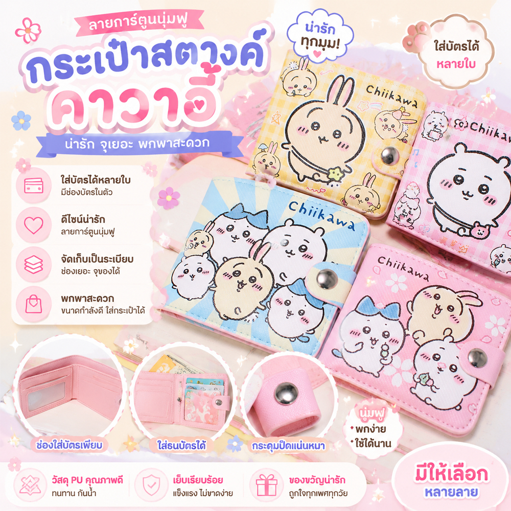 กระเป๋าสตางค์พับสั้น ลายการ์ตูนคาวาอี้ กระเป๋าใส่บัตร ใบเล็กพกพาง่าย มีช่องจัดเก็บหลายช่อง ของขวัญน่ารัก