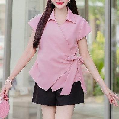 เสื้อเชิ้ตป้ายข้างผูกโบว์ น่ารัก เรียบหรู ดูสวยแพง ใส่เที่ยว ออกงาน ทำงานได้ครบ เนื้อผ้าบาบี้