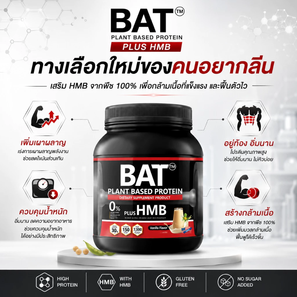 BAT™ โปรตีนพืช + HMB | สูตรกล้ามลีนโปรตีนสูง + HMB ป้องกันการสลายกล้ามเนื้อ ไม่มีน้ำตาล แคลต่ำ thumbnail 7