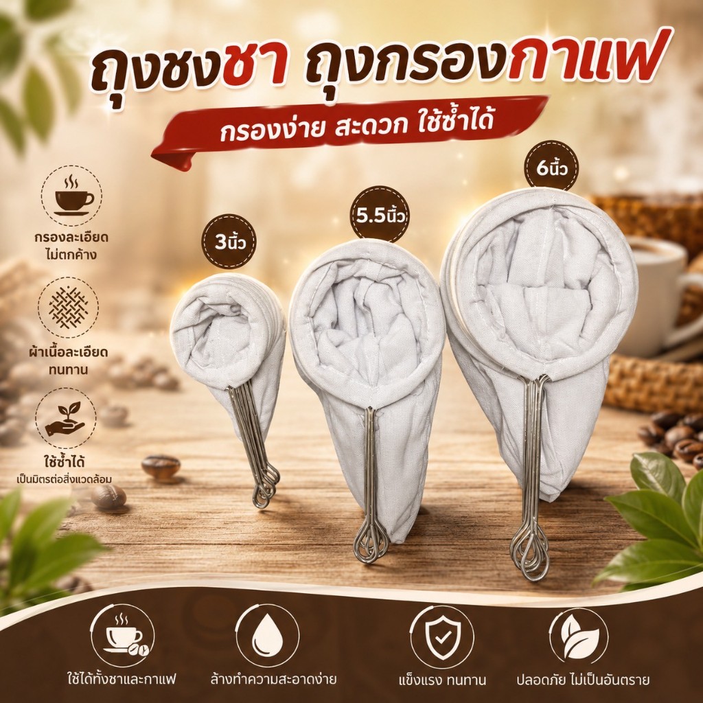 พร้อมส่ง！☕ ถุงชงชา / ถุงกรองกาแฟ ด้ามสแตนเลส ขนาด 3 นิ้ว, 5.5 นิ้ว และ 6 นิ้ว 🌿