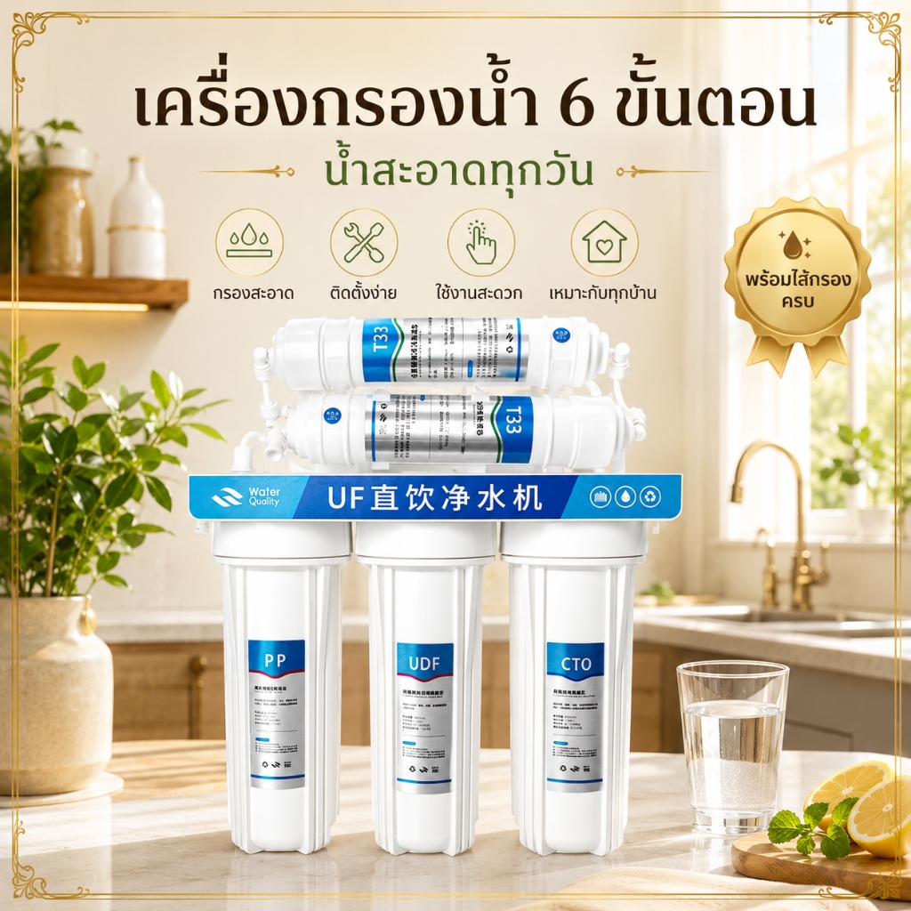 เครื่องกรองน้ำดื่ม 6 ขั้นตอน ระบบ UF กรองละเอียด 0.01 ไมครอน พร้อมอุปกรณ์ติดตั้ง