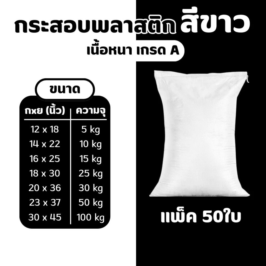 [แพ็ค 50ใบ] กระสอบพลาสติก สีขาว เนื้อหนา เกรด A ขนาด 5kg-100kg สำหรับบรรจุของ สินค้าเกษตร อาหารสัตว์