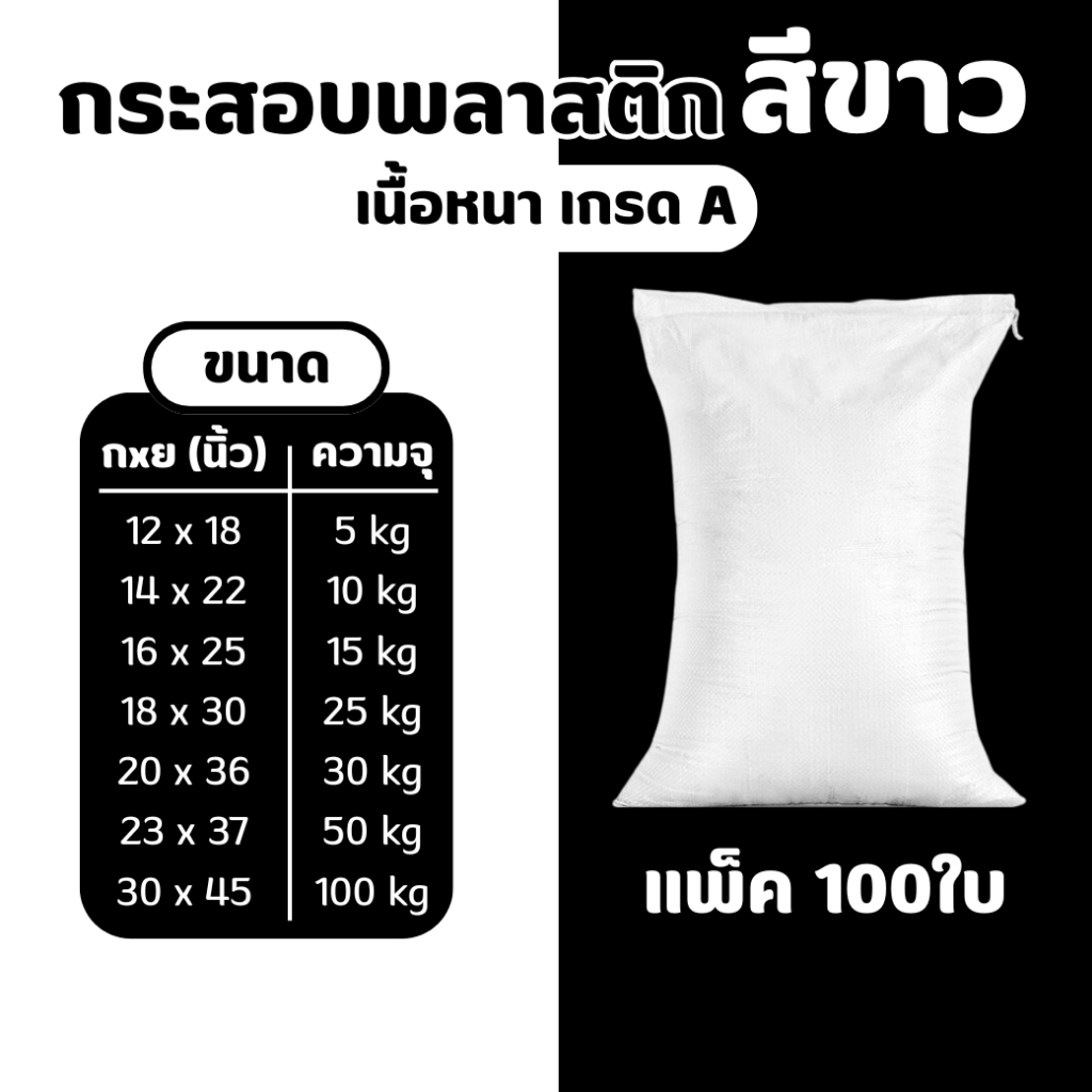 [แพ็ค 100ใบ]กระสอบพลาสติก สีขาว เนื้อหนา เกรด A ขนาด 5kg-100kg สำหรับบรรจุของ สินค้าเกษตร อาหารสัตว์