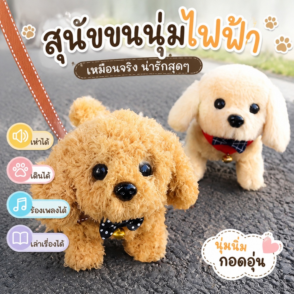 ตุ๊กตาหุ่นยนต์ 🐶หุ่นยนต์สุนัขแบบตุ๊กตาขนสั้น/ลูกสุนัขไฟฟ้า ของเล่นตุ๊กตาจำลอง ของขวัญสำหรับเด็ก