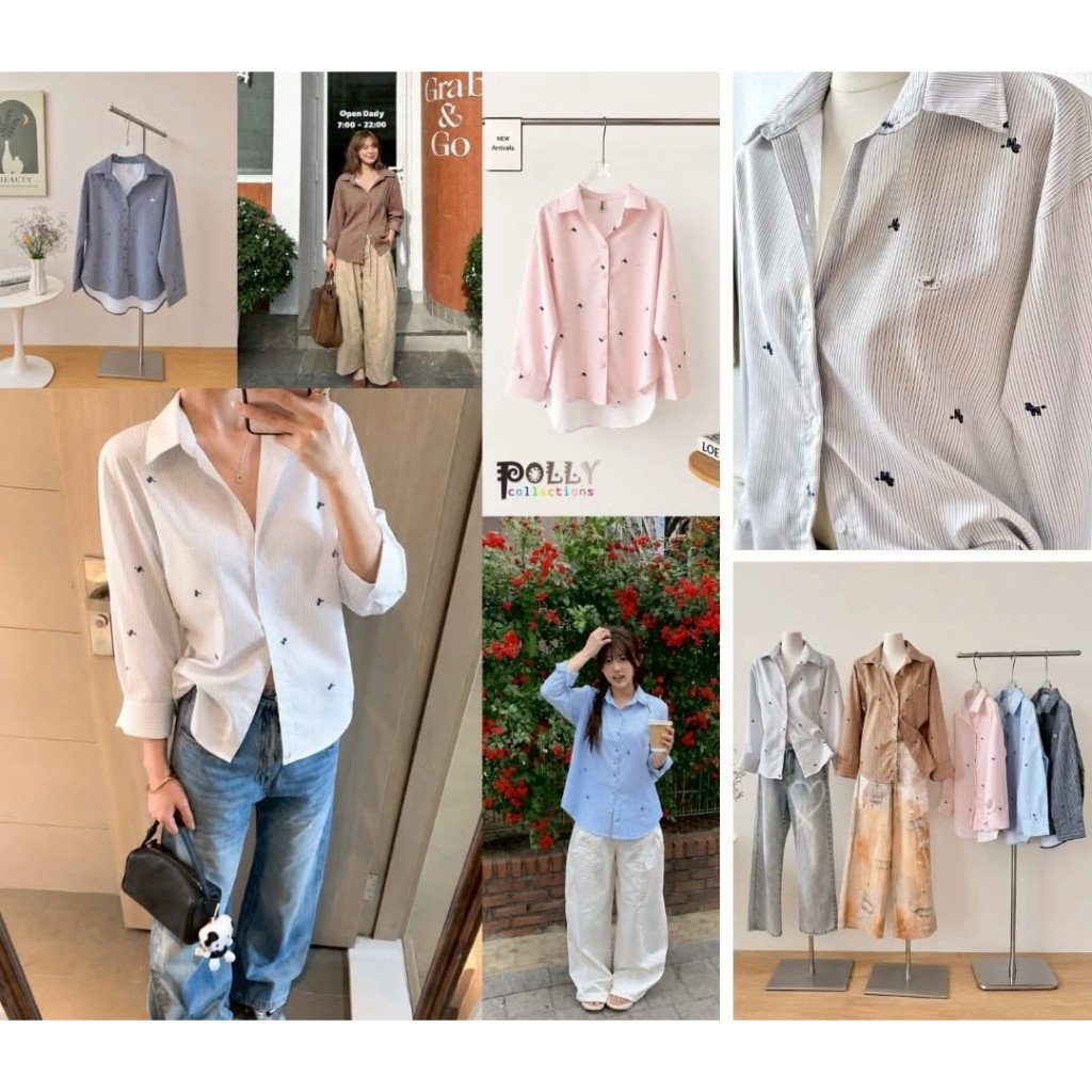 ป้าย Polly เสื้อเชิ้ตลายริ้วพิพม์ลายม้า อก 43 นิ้ว ยาว 25 นิ้ว