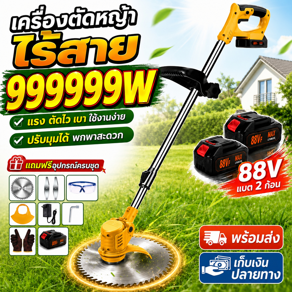 【รับประกันถาวร 】 เครื่องตัดหญ้าไร้สาย มอเตอร์ไร้ถ่าน การใช้งานได้ยาวนาน  แบตลิเธียม 88V ⚡ ตัดหญ้าเปียกได้  ตัดหญ้า แบบพ