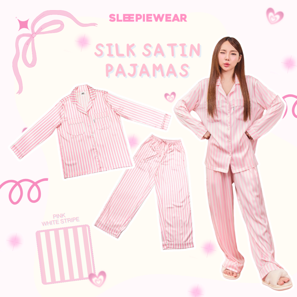 SLEEPIEWEAR Silk Satin Pajamas | เซ็ตชุดนอนแขนยาวและขายาวลายพิมพ์ไม่เหมือนใคร ผ้าซาตินเงางามสุดหรู โนบราได้อย่างมั่นใจ