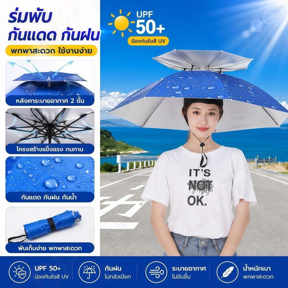 A42-ร่มสวมหัว 2 ชั้น รุ่นระบายอากาศ - กันแดด กันฝน 100% สำหรับตกปลา ทำสวน ร่มหมวก2ชั้น พร้อมสายรัดคางกระชับ ☂️พร้อมส่ง☂️