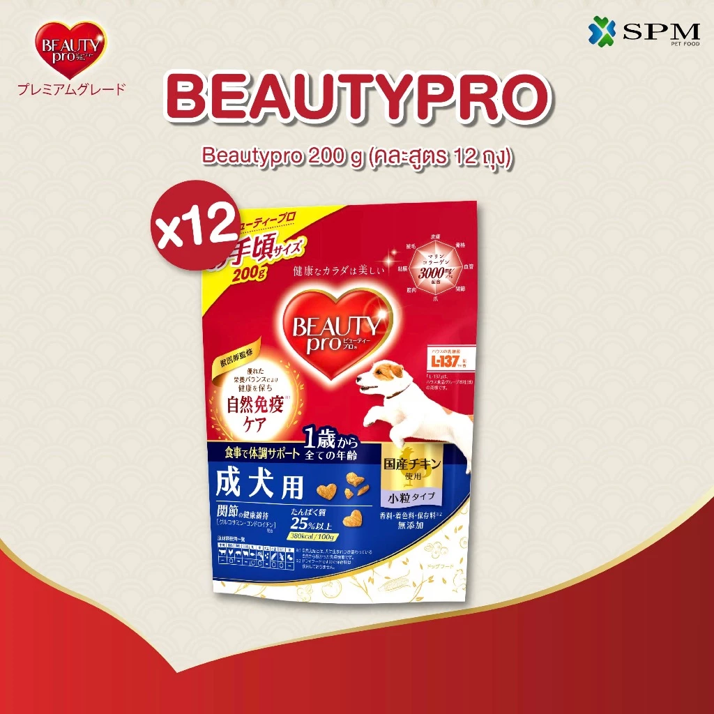 [ของแถม]Beauty Pro อาหารเม็ดสุนัขพรีเมียม 200 g. คละสูตร 12 ถุง