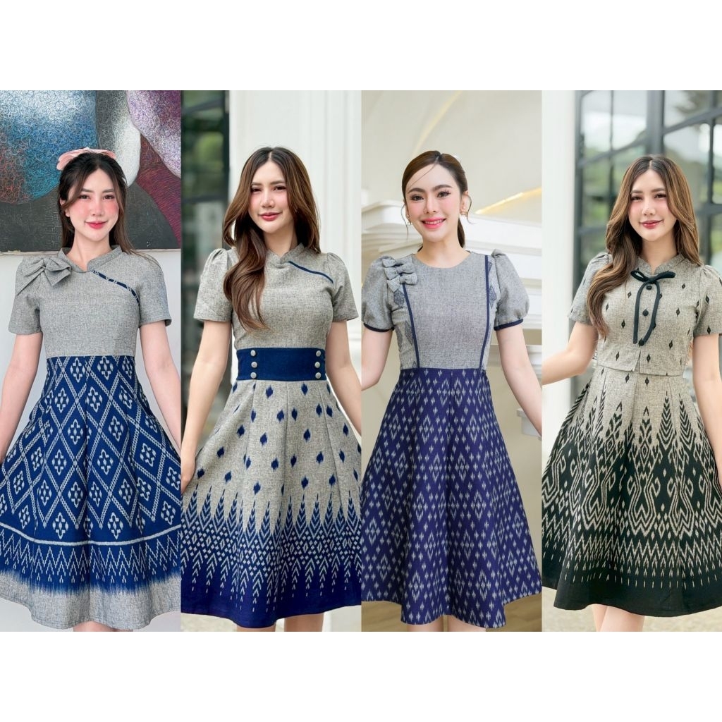 เดรสผ้าฝ้ายดีเทลน่ารัก สีเทากรม เทาดำ สีสุภาพ ใส่ได้ทุกโอกาส งานอัดกาวทั้งชุด