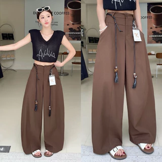 Reallyshops #9512(K) กางเกงขายาวทรงกระบอก เอวต่อกระดุมหน้า แต่งเชือก เอวยางยืด ผู้หญิง