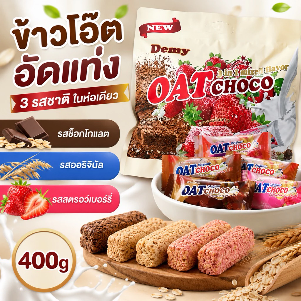 ข้าวโอ๊ตอัดแท่ง 3in1 (3รสชาติในห่อเดียว) 400g.