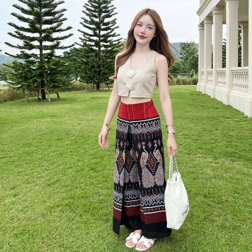 HOMJAI - กางเกงผ้าไทย ทรงขากระบอกใหญ่แหวกด้านหน้า ทรงสวยใส่สบาย ผ้าฝ้ายพิมพ์ลาย (สม็อคหลังยางยืด)