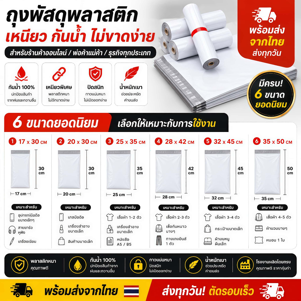 ซองไปรษณีย์พลาสติก 100 ใบ กันน้ำ ไซส์มาตรฐาน ถุงส่งของคุณภาพสูง