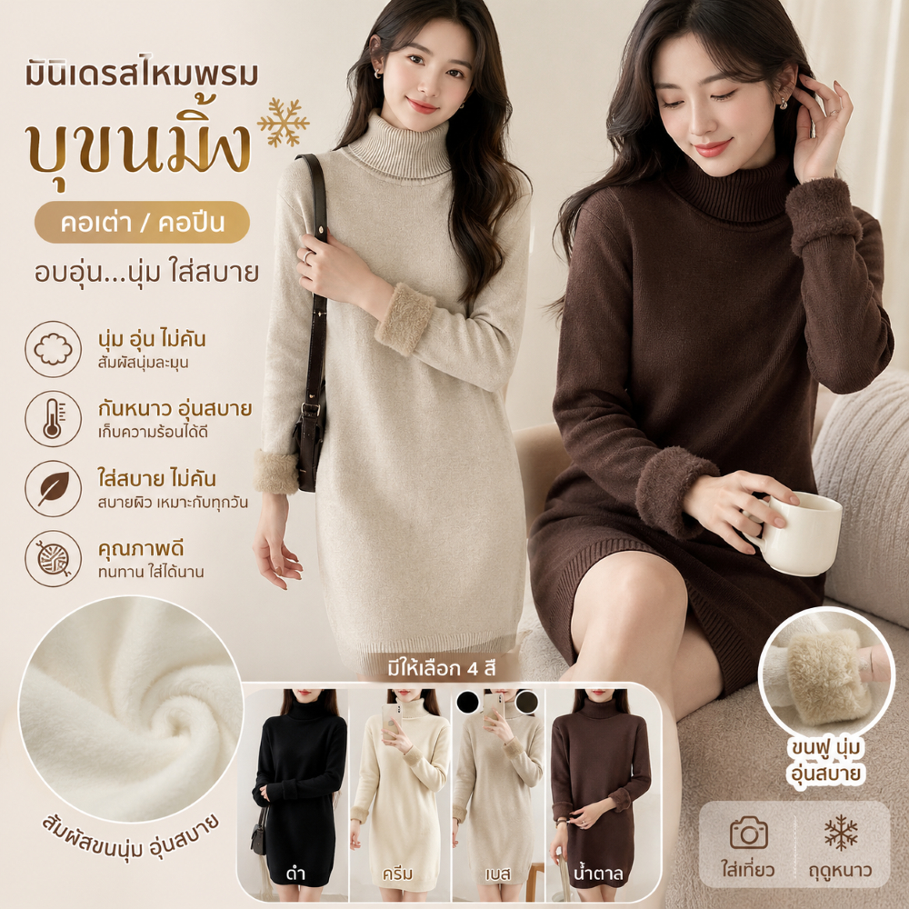Mini dressไหมพรมบุขนมิ้ง(คอเต่า/คอปีน) บุขนนุ่ม อุ่น ไม่คัน -Winter Style-