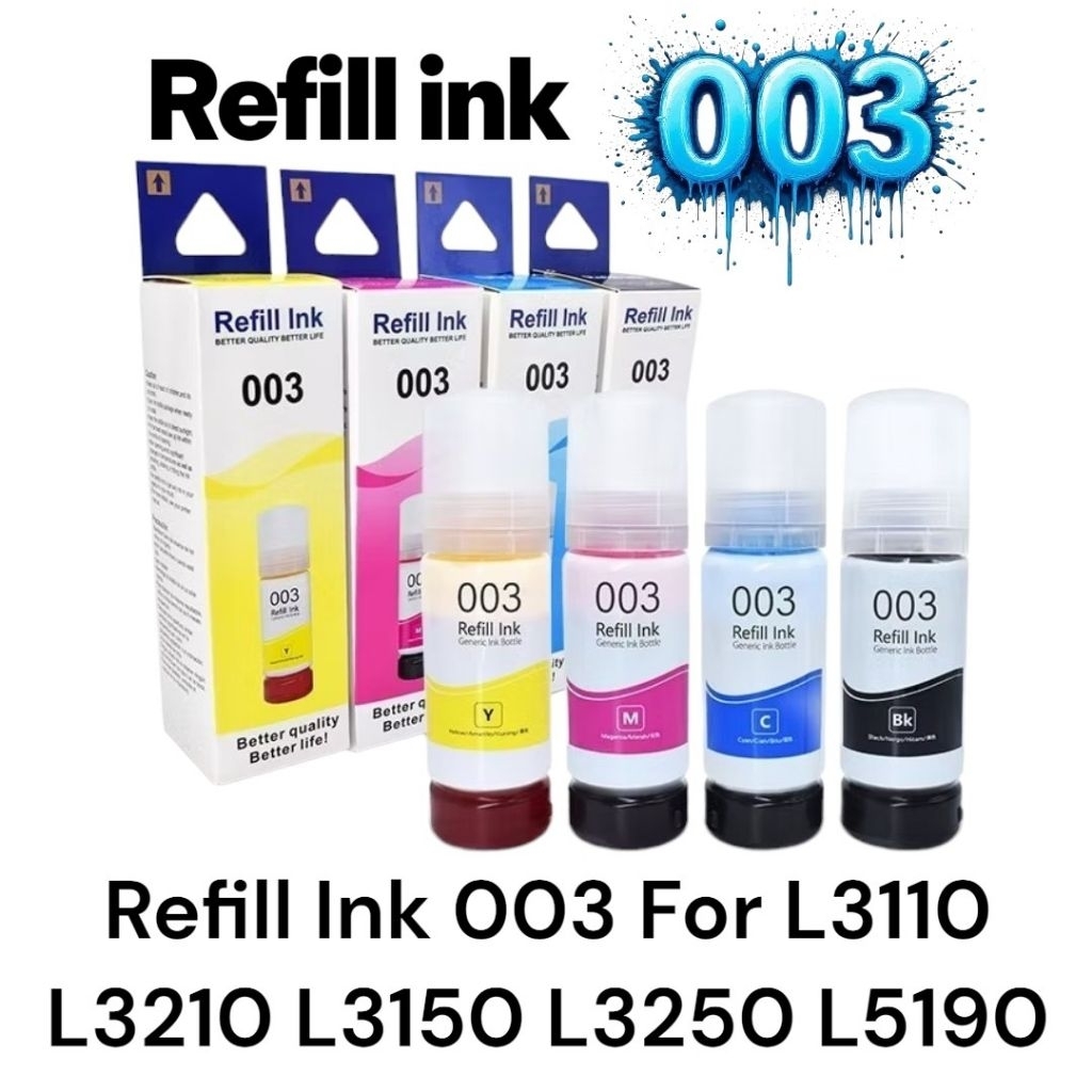 หมึกเติม Refill ink 003 เป็นหมึกเทียขนาด 65 ml สำหรับเครื่องพิมพ์  EcoTank L3110, L3150, L3210 และ L3250
