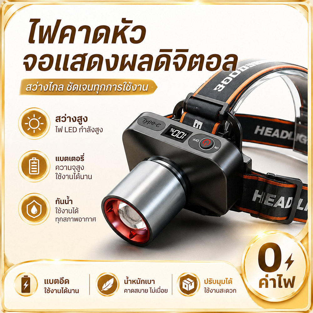 ไฟคาดหัว LED ซูมได้ ไฟแรงสูง ชาร์จเร็ว Type-C จอแสดงผลดิจิตอล กันน้ำ IPX4 ใช้งานได้นาน 24 ชม