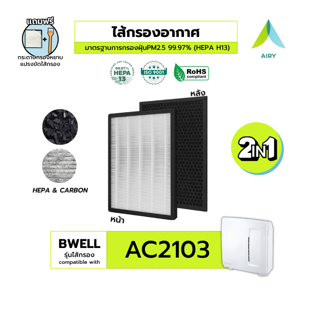 AIRY ไส้กรองอากาศ BWELL AC2103 ไส้กรอง กรอง อากาศ ฝุ่น PM2.5 กลิ่น เกรดแพทย์ HEPA H13
