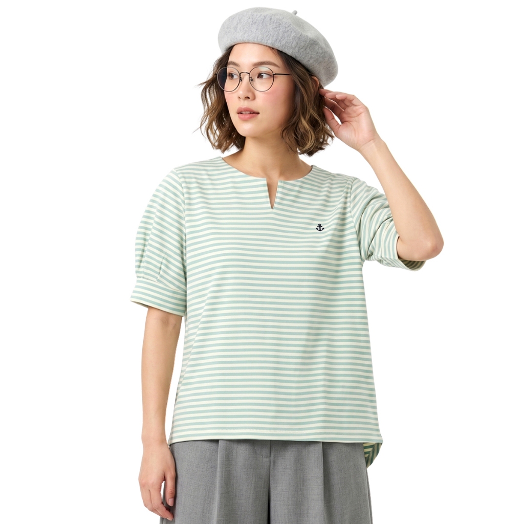 * One Price * PORTLAND เสื้อยืด ลายริ้ว แขนตุ๊กตา สีเขียว / Stripe Puff Sleeve T-Shirt Anchor Embroidery (Green)