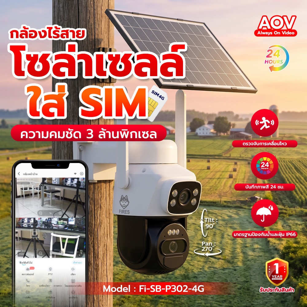 FIRES กล้องโซลาร์เซลล์ใส่ซิม Dual Lens 2 เลนส์ ฟรี สติ้กเกอร์ CCTV รุ่น Fi-SB-P302-4G คมชัด 3MP
