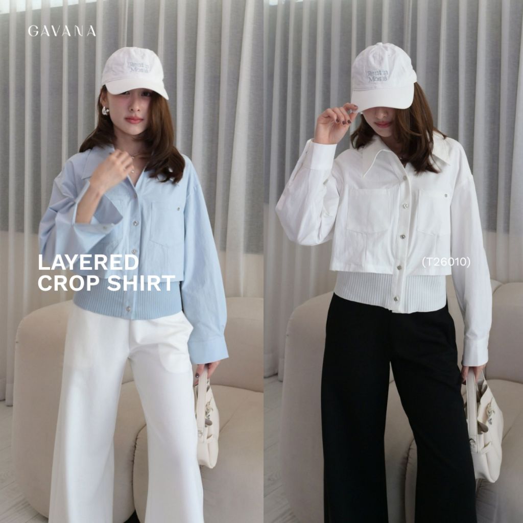 GAVANA - Layered Crop Shirt เสื้อเชิ้ตแขนยาวกระดุมหน้า #T26010