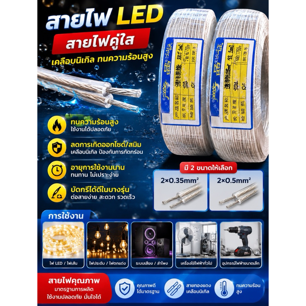สายไฟใส สายไฟled 0.35mm /0.5mm (ม้วนละ100เมตร)
